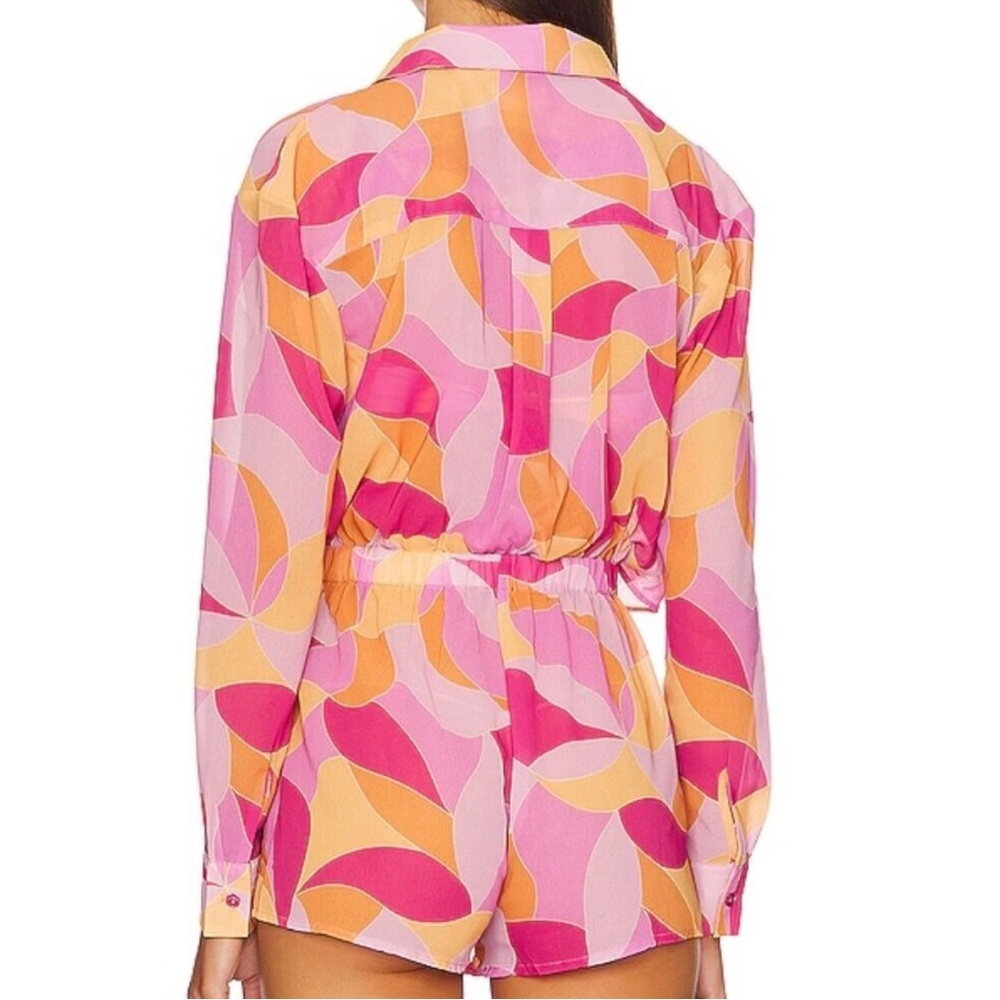Lovers + Friends Feelin Groovy Romper Size S Pink Sheer Resort Vacation Tropical - Picture 2 of 11